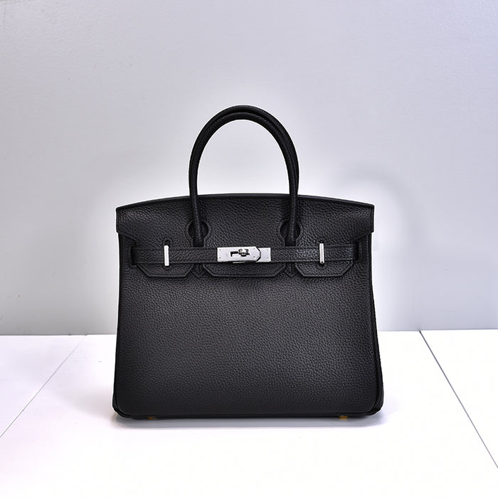 Birkina Bag in Leather Togo - Silver Finish - Black 30cm medium silver buckle