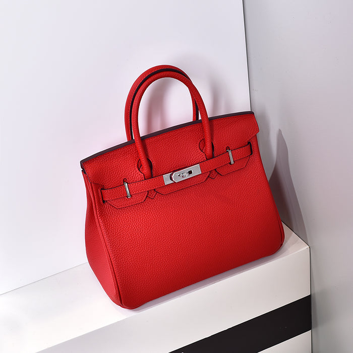 Birkina Bag in Leather Togo - Silver finishes - Red 30cm medium silver buckle